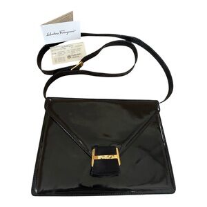 NWT Salvatore Ferragamo Vernice Black Patent Leather Shoulder Bag w Gold Buckle